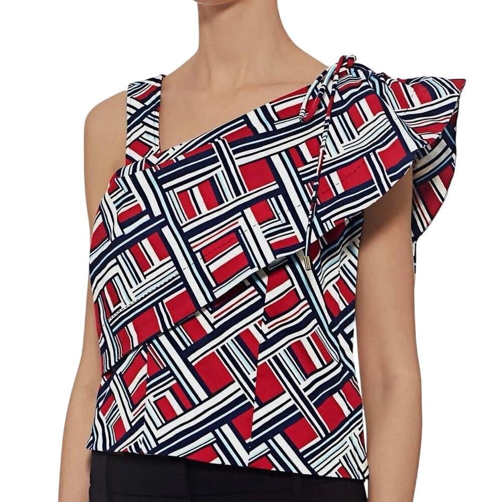 CARVEN Geometric One-Shoulder Ruffle Abstract Top Blouse Red White Blue Nautical